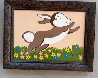 Vintage 1970s Signed Acrylic Painting Leaping Bunny Folk Art Ornate Frame