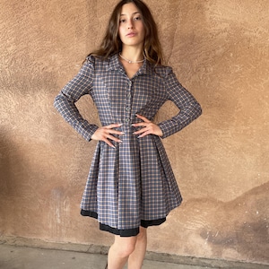 Handmade 90s Plaid Fit & Flare Dress – Long Sleeve Button Front with Full Skirt + Black Hem Trim – Retro Cottagecore Schoolgirl Style
