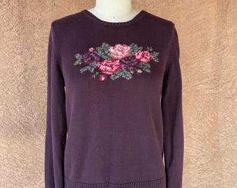 Vintage Eddie Bauer Floral Pullover Medium Baumwolle Stricken Cottagecore Rose Pullover Lila Mauve 90er Jahre Oma Kern weiches Mädchen gemütlich Herbst Strick Top