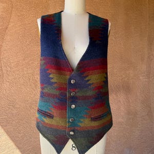 Vintage JK Collections Südwestliche Wollweste | Aztekenmuster, Büffelnickelknöpfe (Hergestellt in den USA)
