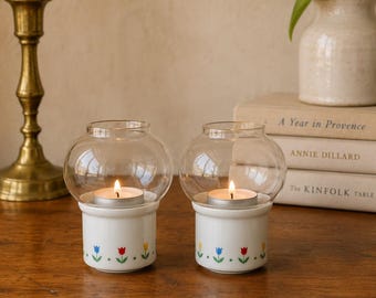 Vintage Japanese Tulip Tea Light Holders, Pair Ceramic Glass Candle Lanterns