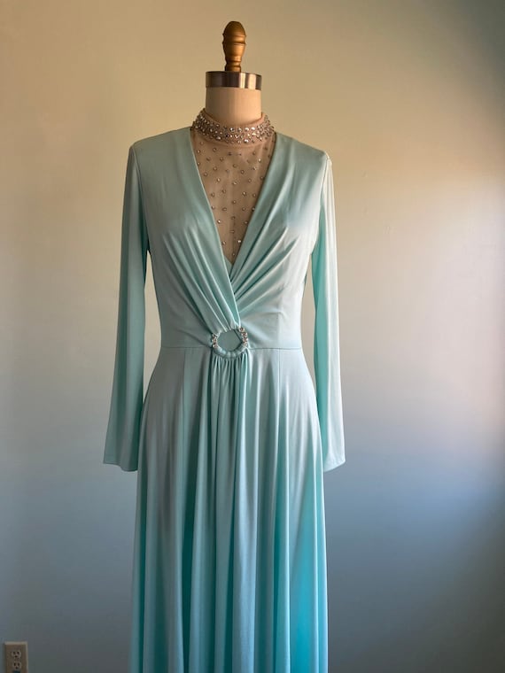 Vintage Lillie Rubin Robins Egg Blue Rhinestone Evening Gown | 1970s  Draped Maxi Dress with Sheer High Neck