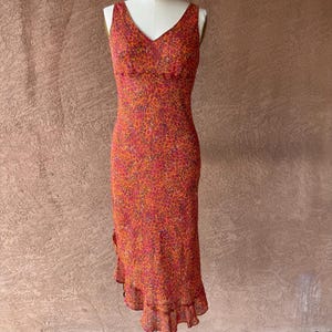 Y2K Tessuto Animal Print Midi Dress | Vintage 90s Silk Look Ruffle Hem Slip