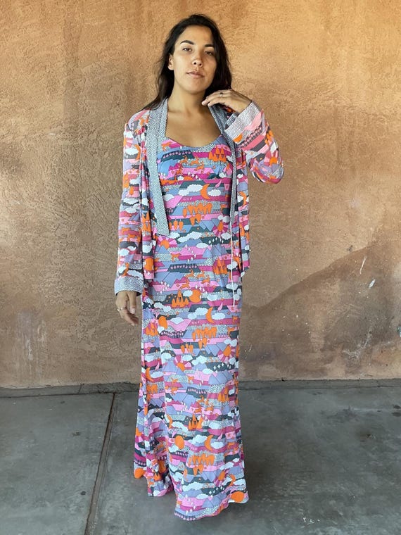 Vintage 70s Maxi Dress & Cardigan Set, Psychedelic Print, Size Medium - Etsy Vintage 70s Maxi Dress & Cardigan Set, Psychedelic Print, Size Medium - Etsy