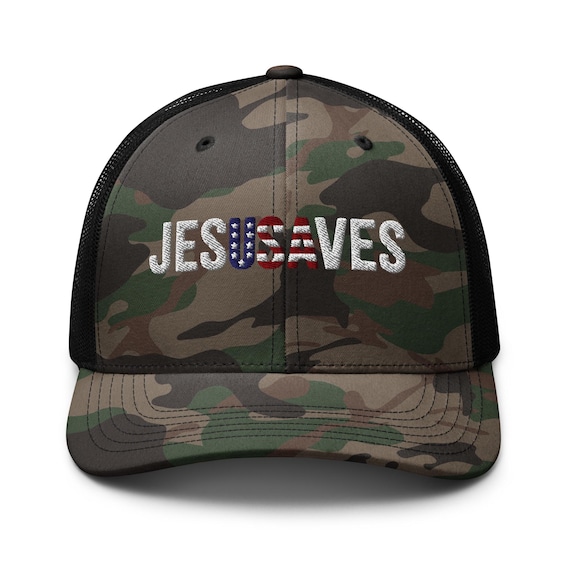 Jesus Saves USA Camouflage Trucker Hat Mesh Back | Embroidered Christian Cap | Unisex