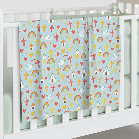Christian Pattern Baby Swaddle Blanket | Crosses, Doves, Rainbows