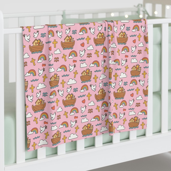 Noahs Ark Christian Pattern Baby Swaddle Blanket | Pink Nursery