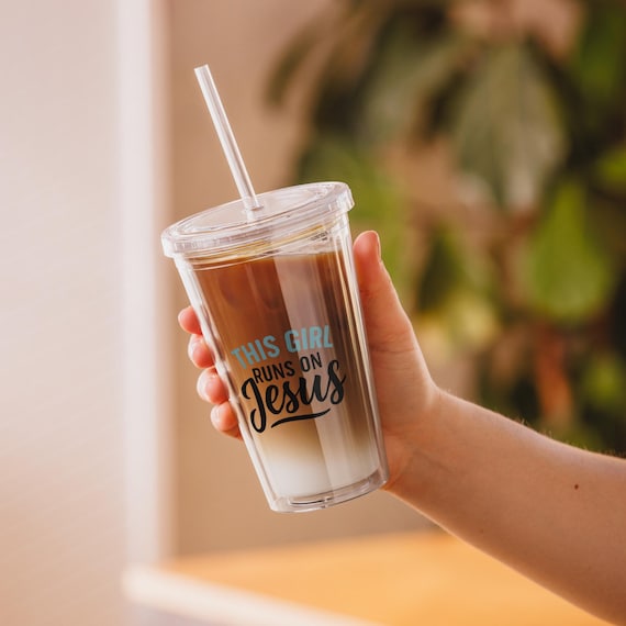 This Girl Runs on Jesus Clear Plastic Tumbler with Straw | Christian Tumbler