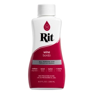 RIT Liquid Dye, All Purpose Fabric Dye Multiple Colors 8 fluid ounce Non Toxic, Machine Washable Wine