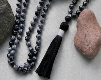 Snowflake Obsidian 108 8mm beads hand-knotted mala meditation necklace