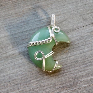 Green Aventurine crescent moon silver wire-wrapped pendant necklace