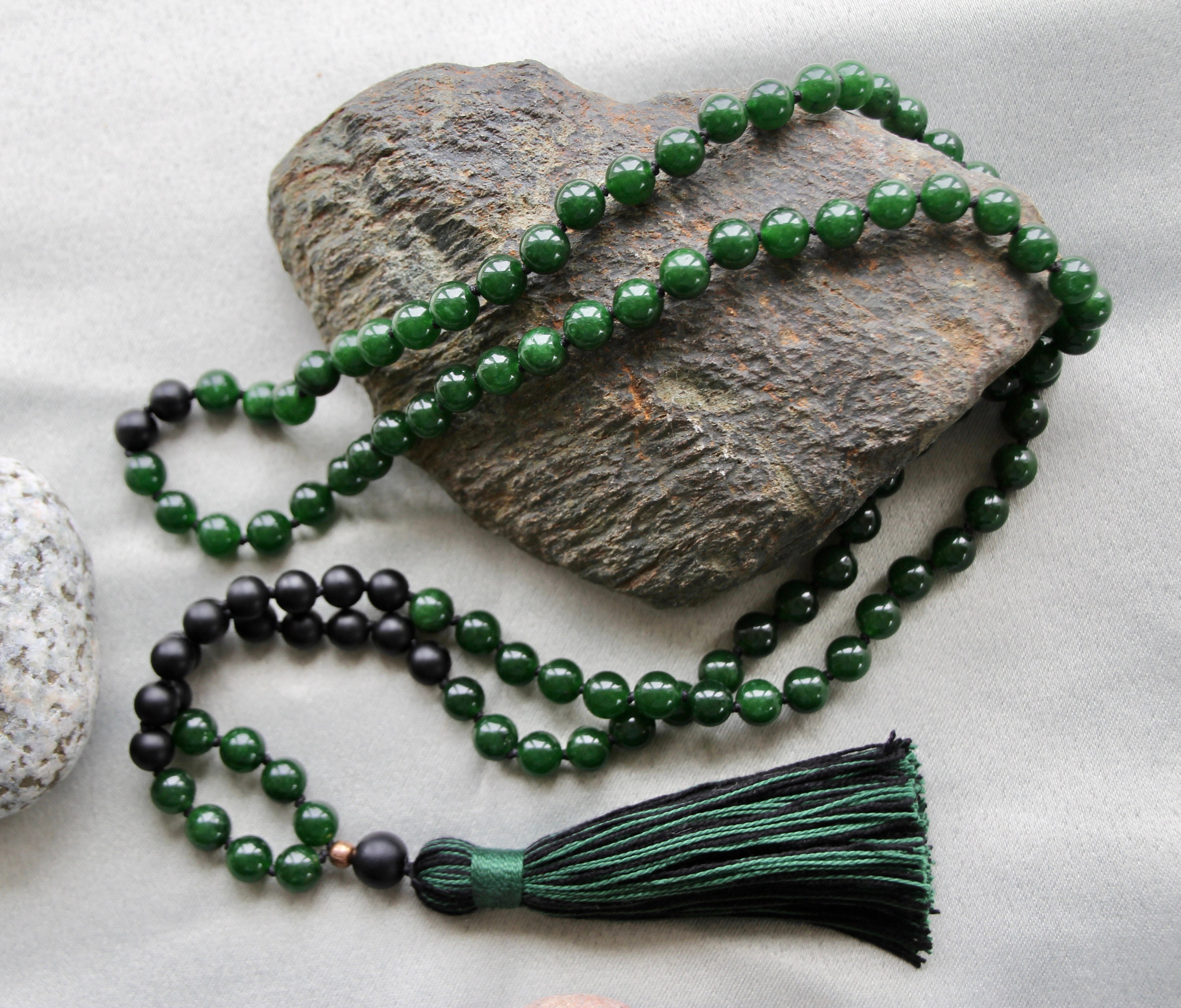 Ocean White Jade with blue & green hand-knotted 108 Mala Necklace