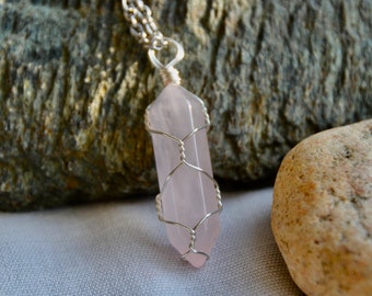 Rose Quartz wire-wrapped gemstone crystal point necklace