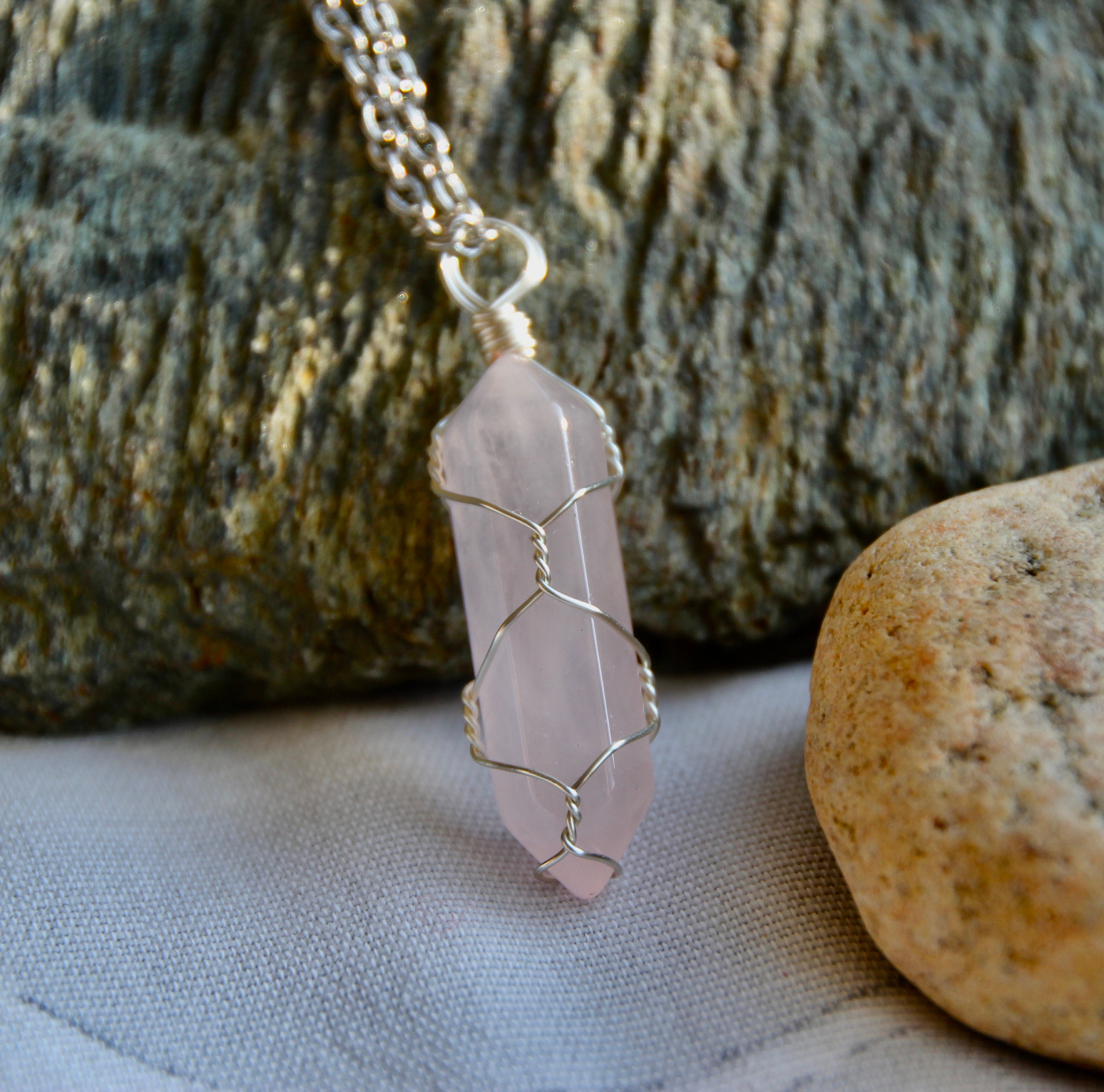 Rose Quartz wire-wrapped gemstone crystal point necklace