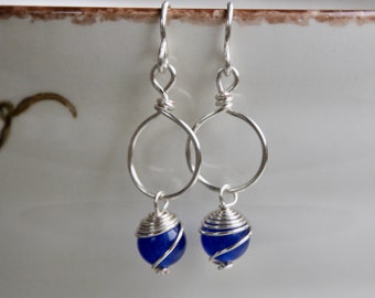 Silver plated small hoop Boho earrings with cobalt blue dangling beads