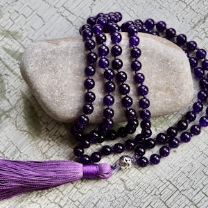 Amethyst 108 8mm beads hand-knotted mala meditation necklace image 1