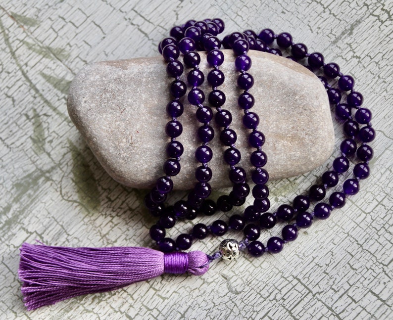 Amethyst 108 8mm beads hand-knotted mala meditation necklace image 1