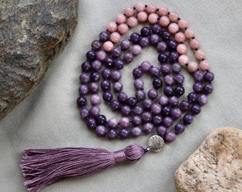 Lépidolite et Opale Rose 108 Perles de 8mm collier de méditation mala noué à la main