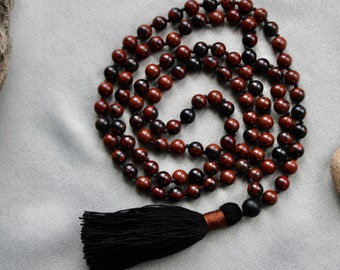 Acajou Obsidienne 108 perles de 8mm collier de méditation mala noué à la main