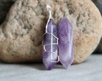Small Amethyst wire-wrapped gemstone crystal point necklace