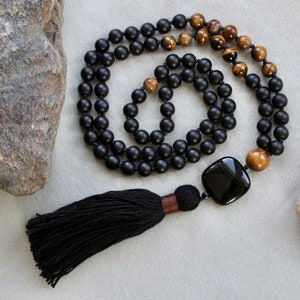 3/4 mala of Matte black Onyx and Tiger's Eye 3/4 with 81 hand-knotted 8mm beads, meditation necklace