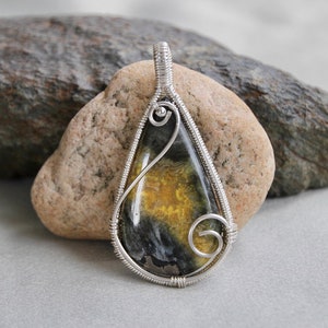 Bumblebee Jasper silver wire-wrapped teardrop pendant necklace