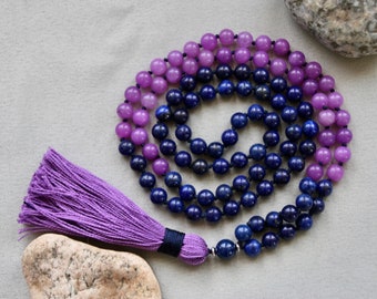 Lapis Lazuli et Alexandrite 108 perles nouées à la main de 8mm collier de méditation mala