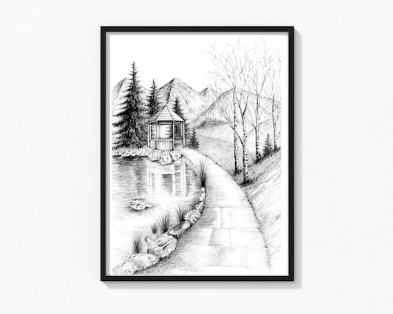 How to draw easy scenery with pencil, Village nature drawing - YouTube