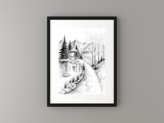 Pencil Drawing Of Nature Mountains Waterfall River Stock Illustration -  Download Image Now - iStock