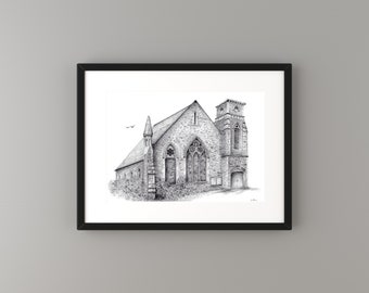 St Joseph's Church, Hay-On-Wye, Church Print, Church Art, Original Graphite Art, Church Drawing, Architecture Art