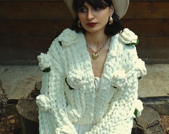 Handmade Chunky Rose Knit Cardigan – Oversized Cottagecore Jacket