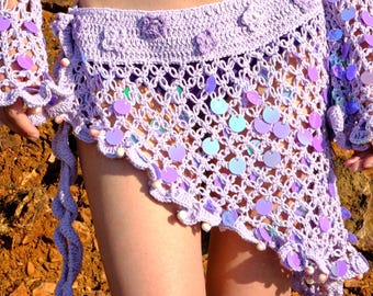 Lilac Crochet Wrap Skirt with Sequins and Mini Flowers – Handmade Boho Pareo, Asymmetrical Recycled Cotton Festival Skirt