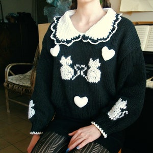 Cats in Love Knit Jumper, Hand Knitted Sweater, 3D Heart Sweater, Coquette Jumper, Collar Jumper, Pullover Jumper