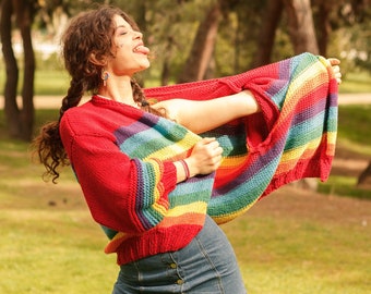 Rainbow Knit Cardigan, Chunky Cardigan, Knitted Jacket, Oversized Cardigan