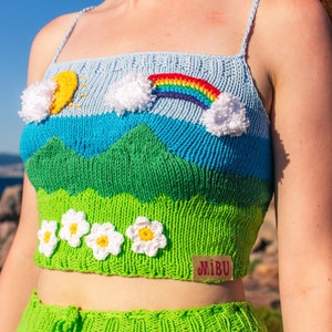 Hand-Knitted Rainbow & Flower Crop Top | Eco-Friendly Cotton Yarn | Custom Sizes , Colors | Cottagecore Knitwear