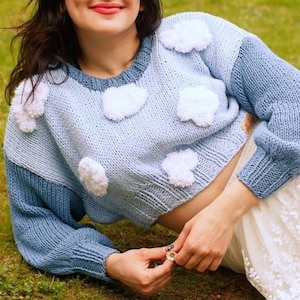 Puffy Cloud Knit Sweater – Blue Crop Handmade Sweater – Recycled Yarn, Custom Colors – Fun Quirky Fashion Gift