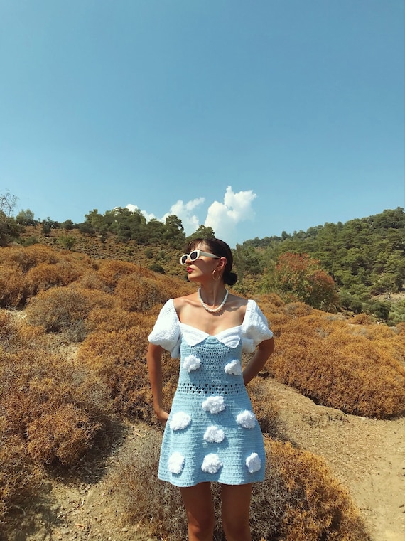 Crochet Cloud Mini Dress, Recycled Cotton Sweetheart Dress - Etsy Finland