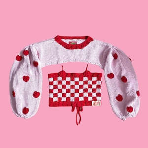 Heart Set, Crop Top & Sweater , Aesthetic Knit Sweater, Checkerboard Sweater, Checkered Chunky Knit Sweater, Hand Knitted Sweater,