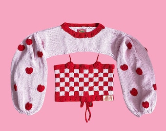 Handmade Crochet Heart Bolero & Checkered Bralette Set