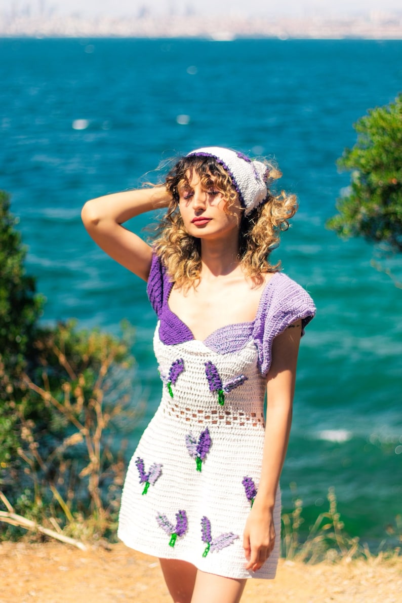 Crochet Lavender Dress ,Mini Dress, Sweetheart Neckline Dress image 1