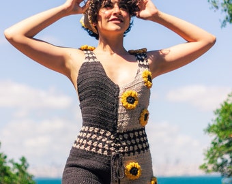 Sunflower Short Jumpsuit, Hand-knit Jumpsuit, 3D Sunflower ,Handmade, Vegan