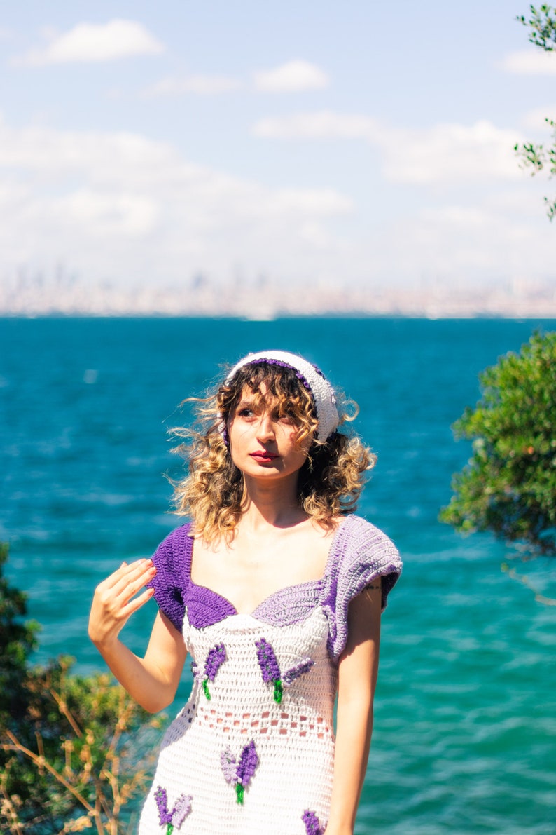 Crochet Lavender Dress ,Mini Dress, Sweetheart Neckline Dress image 5