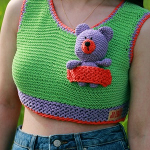 Teddy Bear Crop Top,3D Bear Crop Top, Amigurimi Bear, Knit Crop Top, Handmade Crop Top image 2