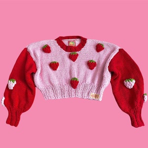 Strawberry Knit Sweater, Chunky Knit Product ,Handmade, 3D Fluffy Strawberry, Long Sleeve Sweater,Vegan, Y2K Fashion, Aesthetic Knit Sweater