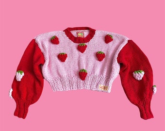 Strawberry Knit Sweater, Chunky Knit Product ,Handmade, 3D Fluffy Strawberry, Long Sleeve Sweater,Vegan, Y2K Fashion, Aesthetic Knit Sweater