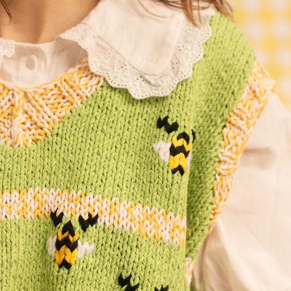Gilet en tricot d'abeille, gilet pull en tricot, gilet tricoté à la main, pull sans manches