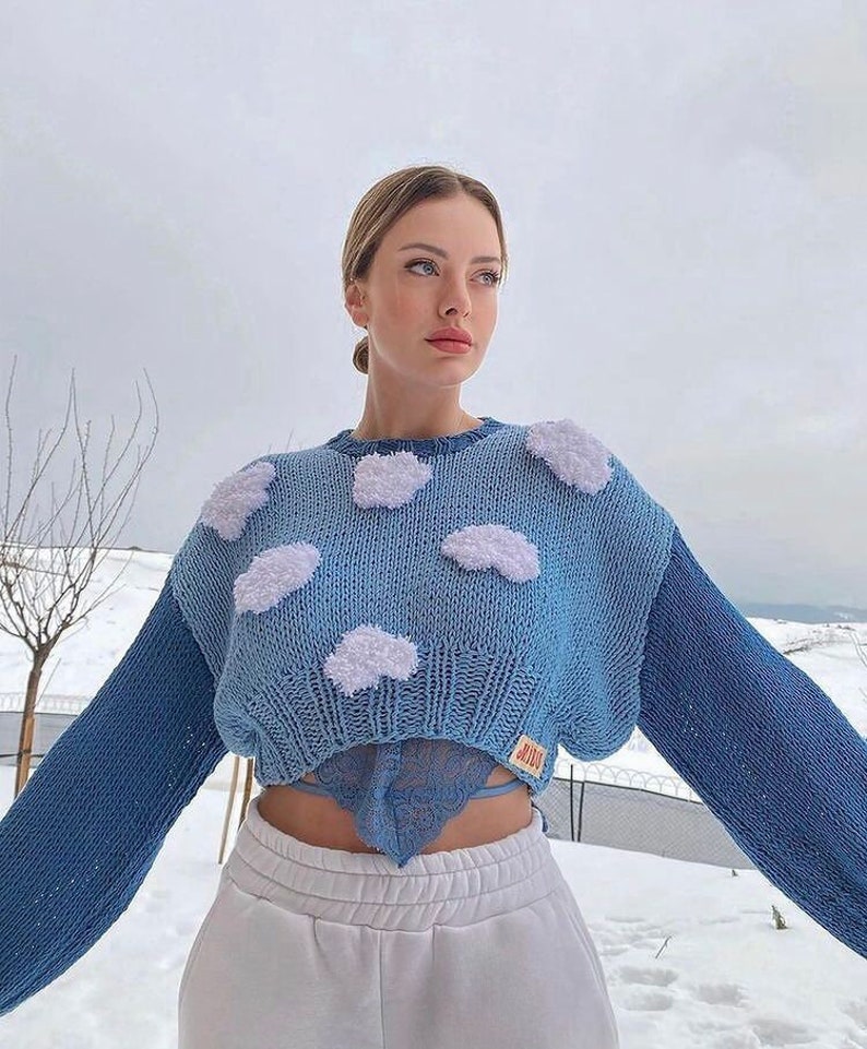 Cloud Knit Sweater, Chunky Knit Product ,Handmade & Unique , 3D Fluffy Clouds, Long Sleeve Sweater, Vegan image 6