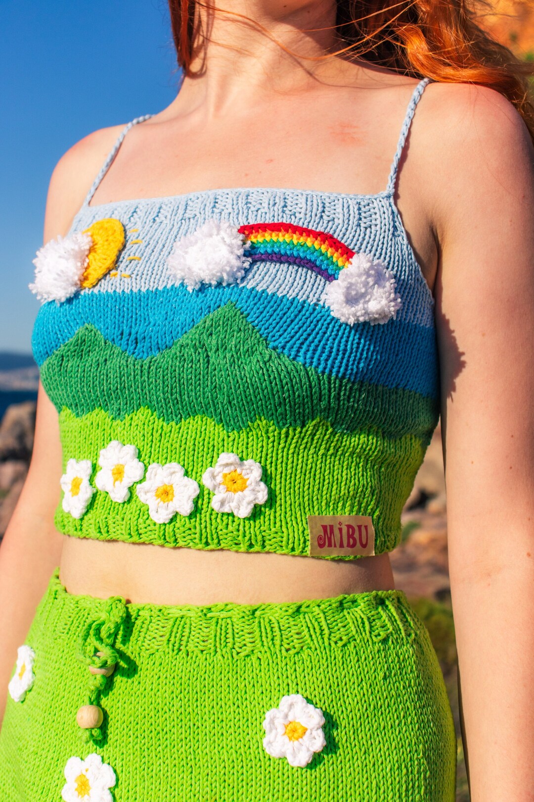Hand-knitted Rainbow & Flower Crop Top | Eco-friendly Cotton Yarn