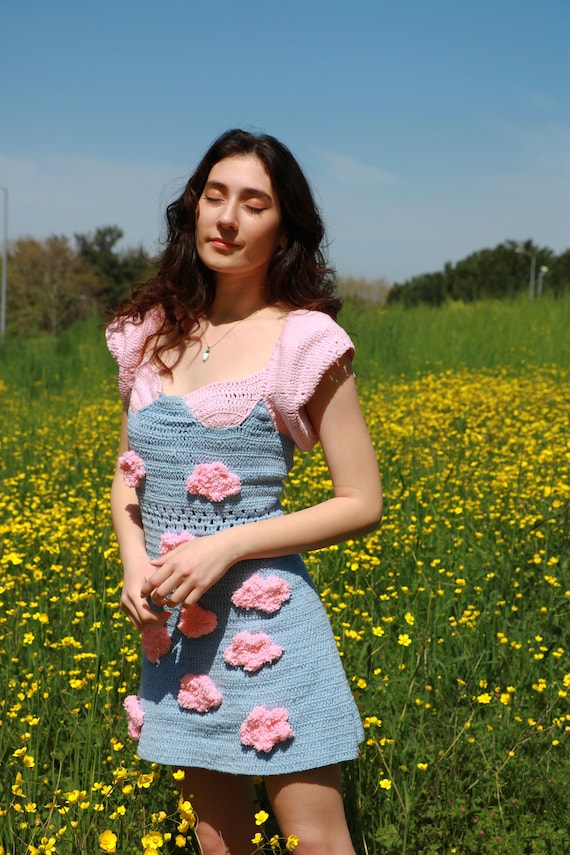 Crochet Pink Cloud Mini Dress, Recycled Cotton, Sweetheart Neckline