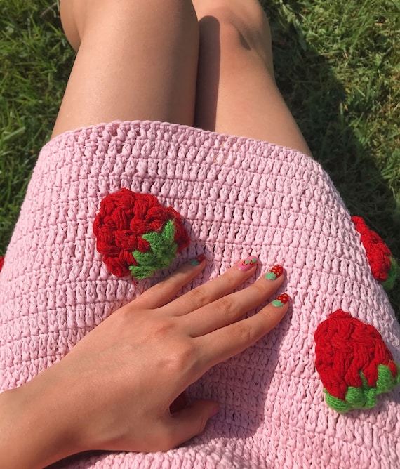 Crochet Strawberry Mini Dress, Recycled Cotton, 3D Fruit
